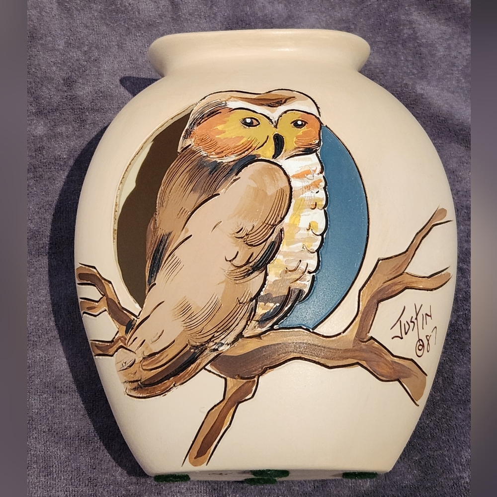 Signed Thunderbird Indian Gallery Pottery Vase Votive Owl Hand Carved Painted